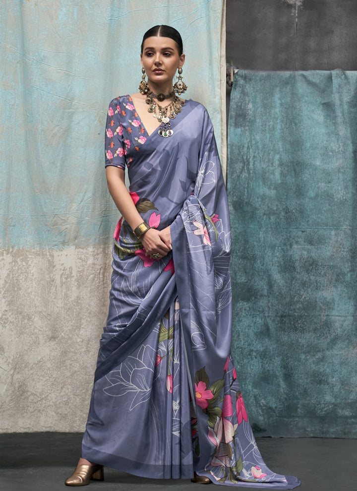 Lassya Fashion Bluise Grey Printed Silk Crepe Saree with Matching Blouse