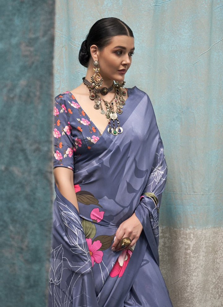 Lassya Fashion Bluise Grey Printed Silk Crepe Saree with Matching Blouse