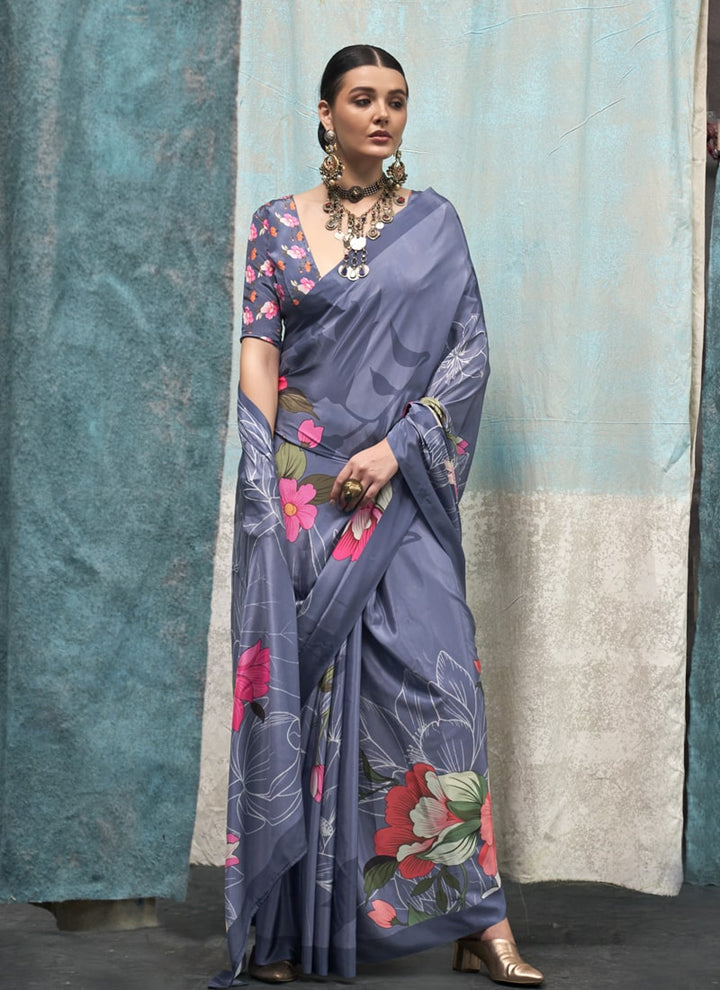 Lassya Fashion Bluise Grey Printed Silk Crepe Saree with Matching Blouse