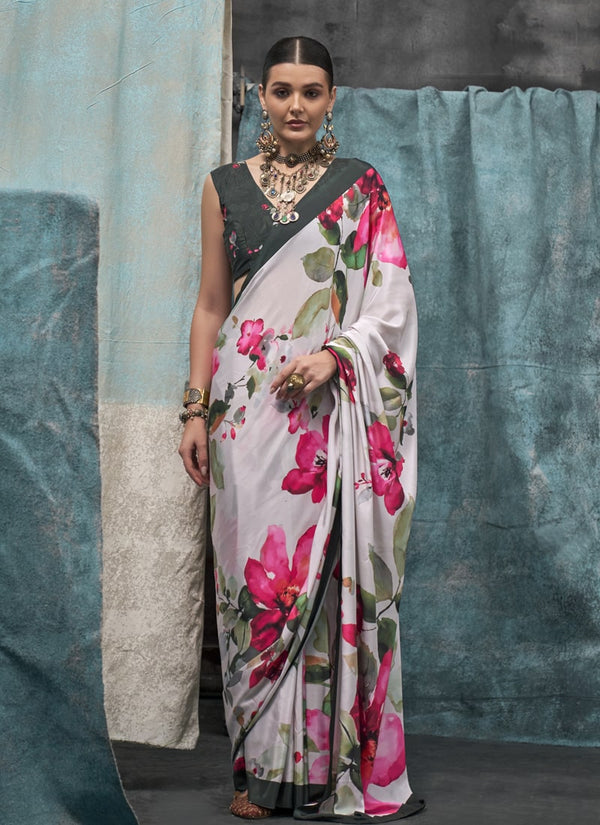 Lassya Fashion White Printed Silk Crepe Saree with Matching Blouse