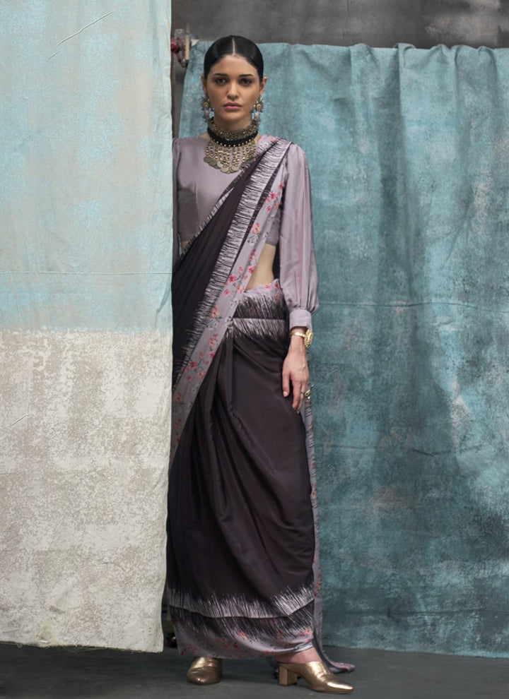 Lassya Fashion Grey and Black Printed Silk Crepe Saree with Matching Blouse