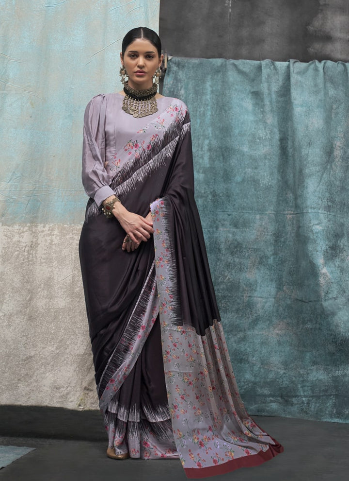 Lassya Fashion Grey and Black Printed Silk Crepe Saree with Matching Blouse