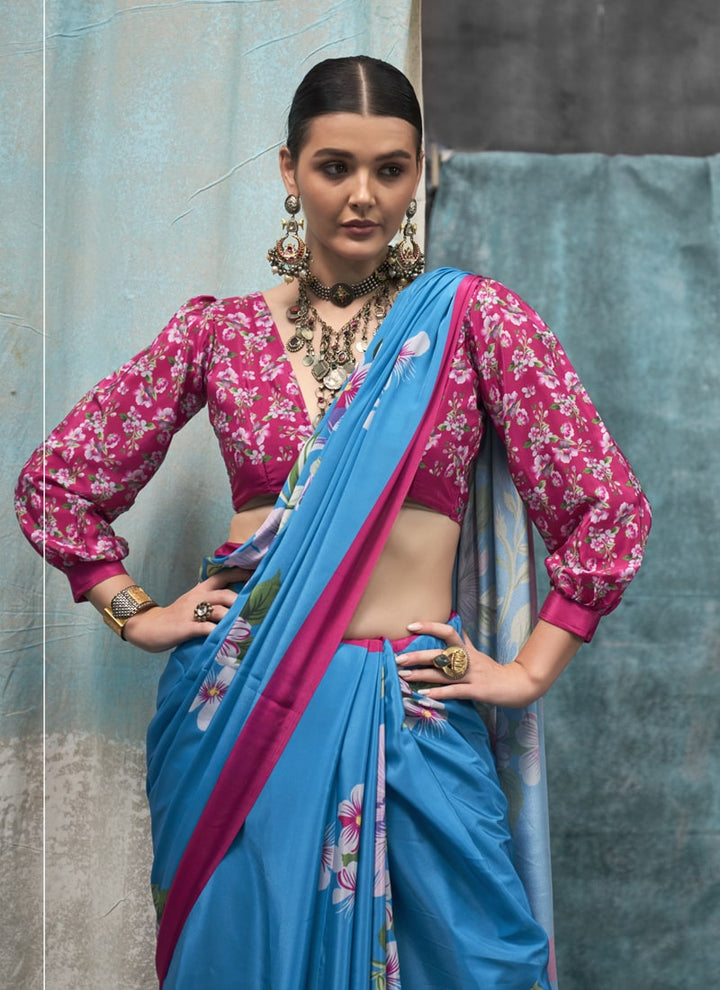 Lassya Fashion Blue And Red Printed Silk Crepe Saree with Matching Blouse