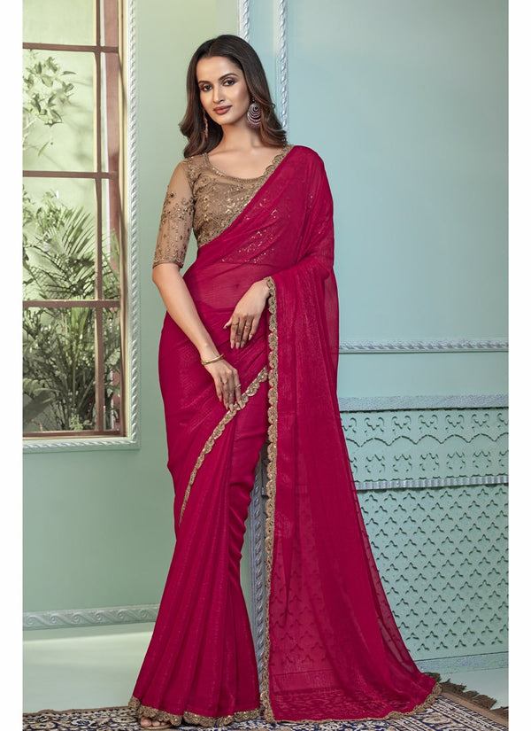 Lassya Fashion Apple Red Party Wear Rainbow Georgette Saree with Blouse