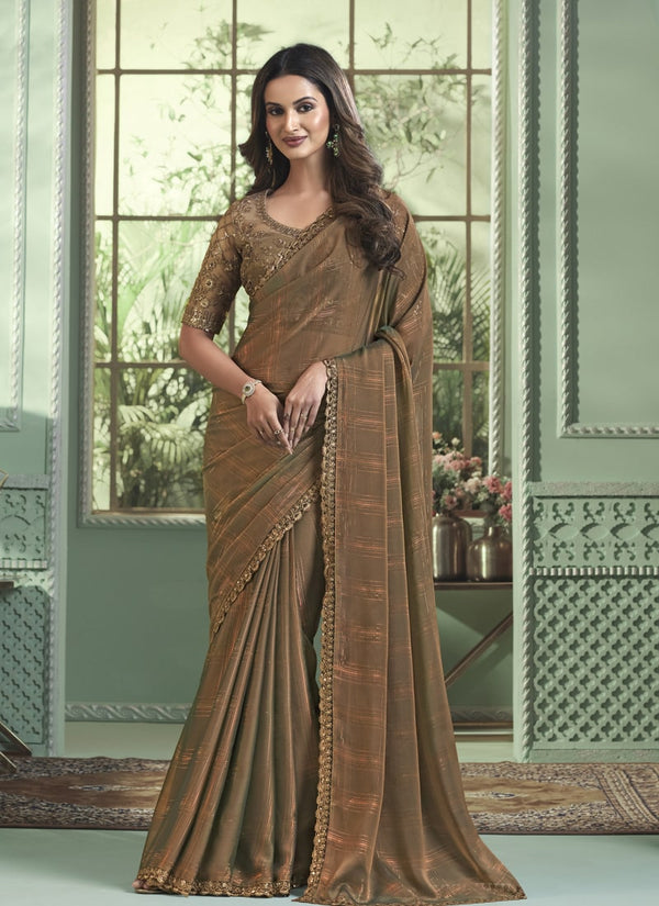 Lassya Fashion Dark Beige Party Wear Golden Georgette Silk Saree with Blouse