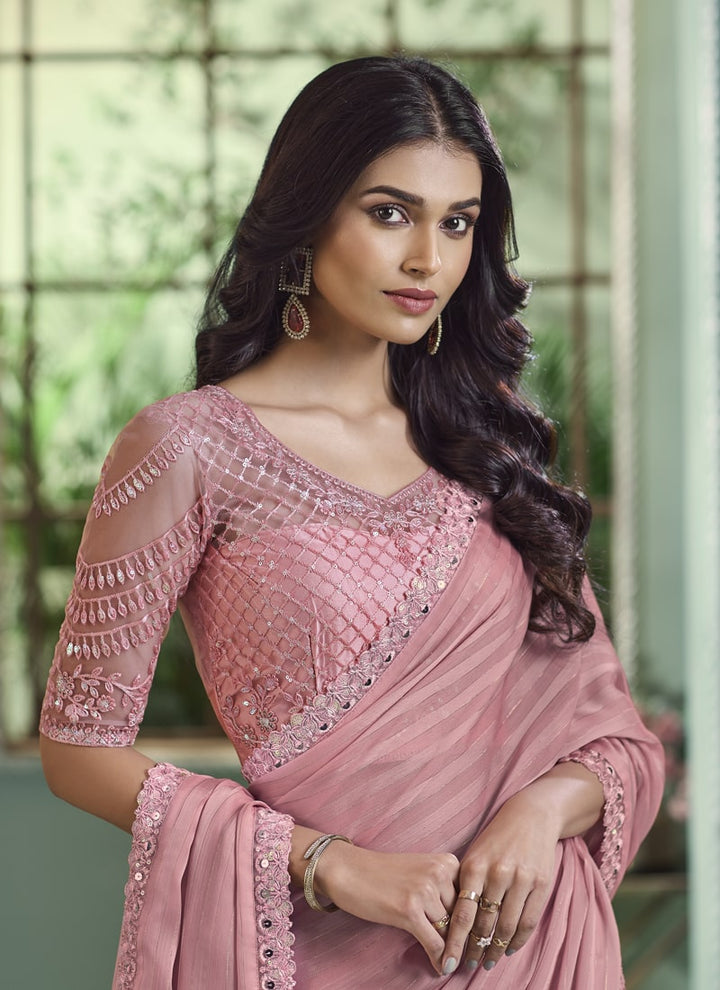 Lassya Fashion Dusty Pink Party Wear Silver Pattern Georgette Silk Saree with Blouse