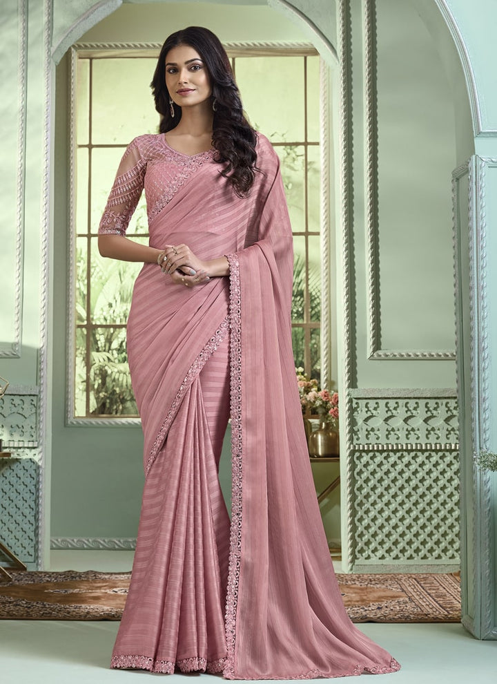 Lassya Fashion Dusty Pink Party Wear Silver Pattern Georgette Silk Saree with Blouse