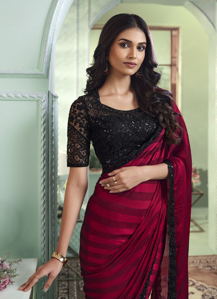 Lassya Fashion Cherry Red Party Wear Sartin Pattern Silk Saree with Blouse