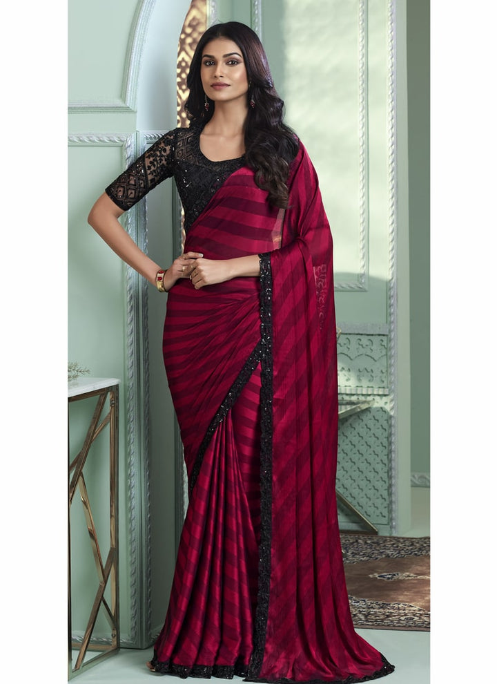 Lassya Fashion Cherry Red Party Wear Sartin Pattern Silk Saree with Blouse