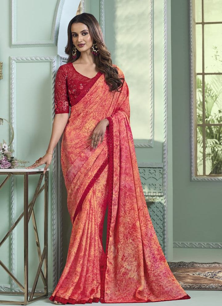 Lassya Fashion Blush Red Party Wear Crystal Chiffon Silk Saree with Blouse