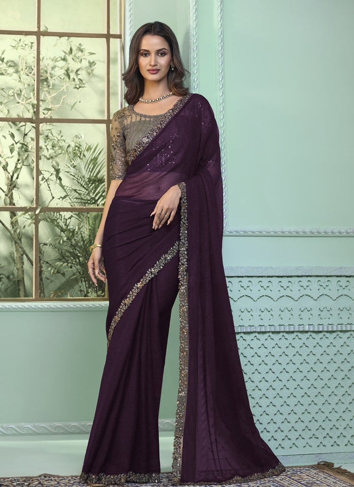 Lassya Fashion Jade black Party Wear Pure Wine Chiffon Saree with Blouse