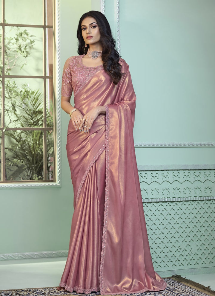 Lassya Fashion Glittery Pink Party Wear Golden Shimmer Georgette Saree with Blouse