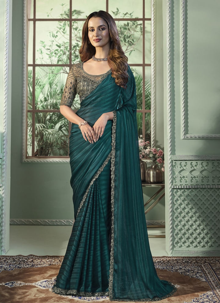 Lassya Fashion Pine Green Party Wear Silver Pattern Georgette Silk Saree with Blouse