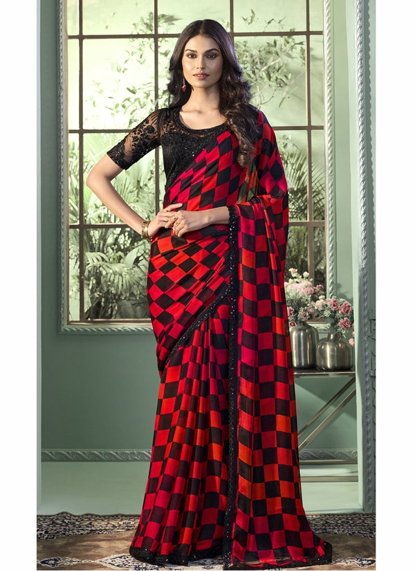 Lassya Fashion Red And Black Party Wear Pure Chiffon Saree with Blouse