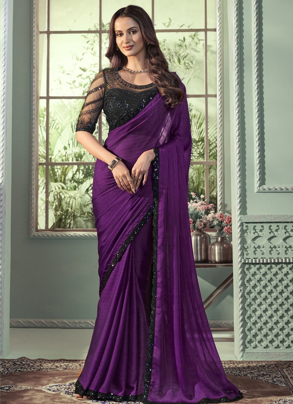 Lassya Fashion Purple Violet Party Wear Purple Pattern Georgette Silk Saree with Blouse