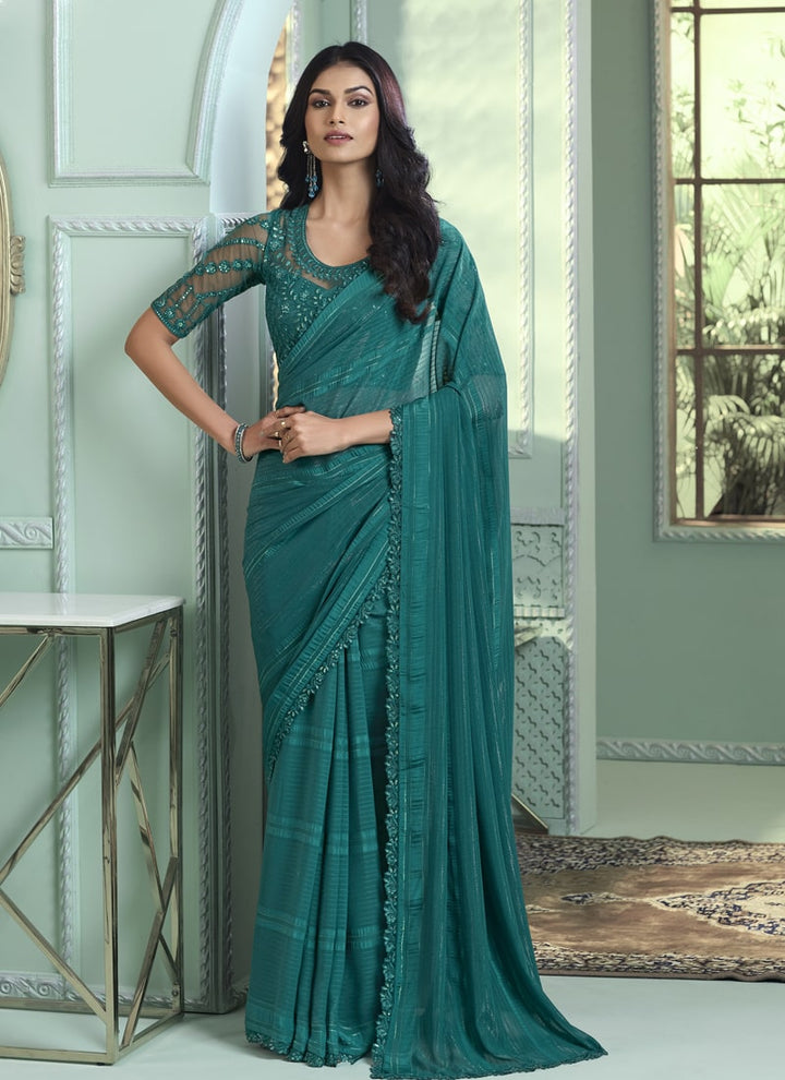 Lassya Fashion Teal green Party Wear Rainbow Pattern Chiffon Saree Saree with Blouse