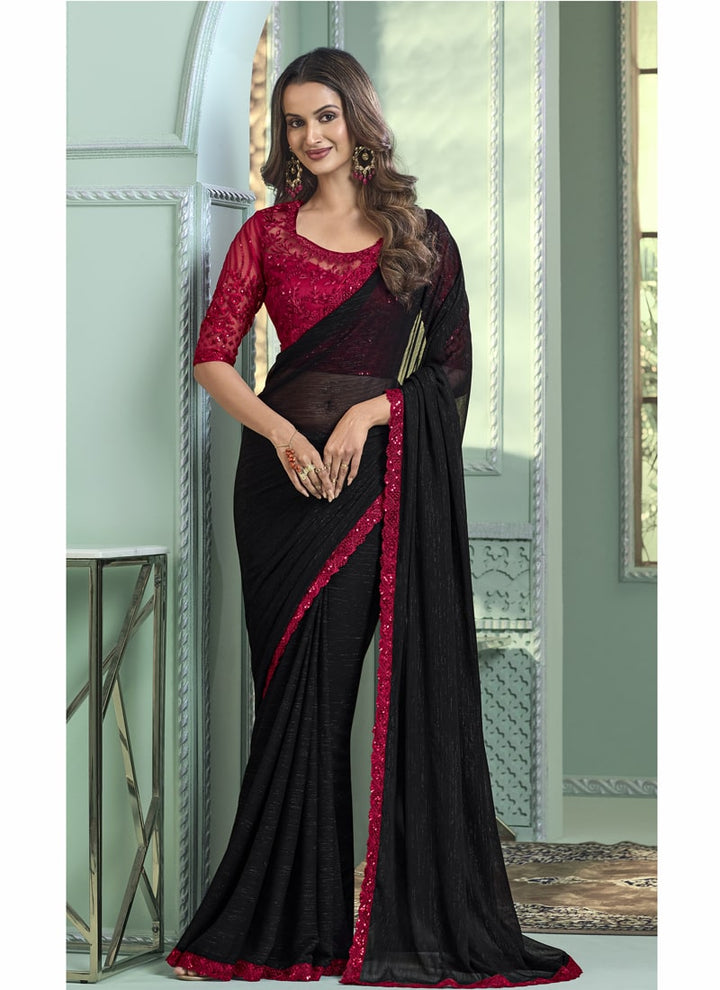 Lassya Fashion Midnight Black Party Wear Pure Black Chiffon Saree with Blouse