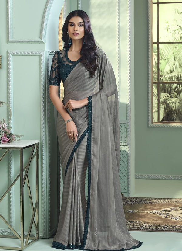 Lassya Fashion Grey Party Wear Silver Pattern Georgette Silk Saree with Blouse