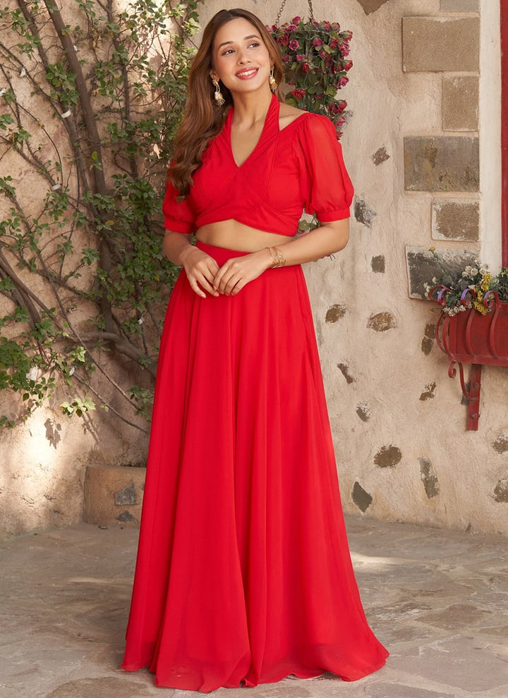 Lassya Fashion Red Indo Western Georgette Crop Top and Skirt Set