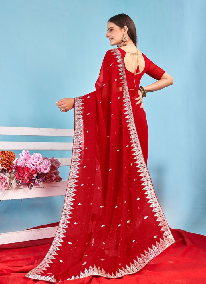 Lassya Fashion Red Solid Color Festive Wear Saree in Georgette Blooming