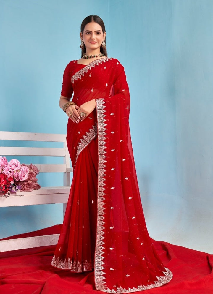 Lassya Fashion Red Solid Color Festive Wear Saree in Georgette Blooming