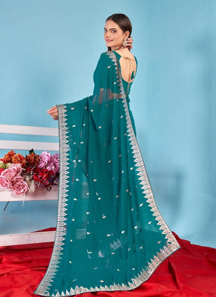 Lassya Fashion Teal green Solid Color Festive Wear Saree in Georgette Blooming