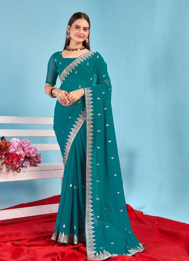 Lassya Fashion Teal green Solid Color Festive Wear Saree in Georgette Blooming