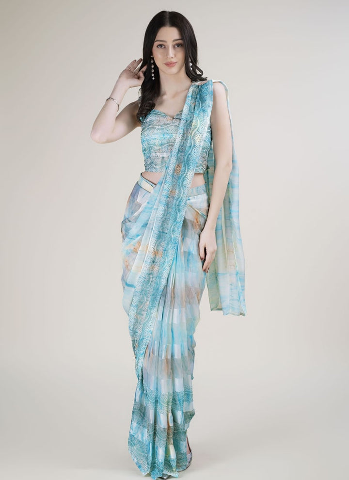 Lassya Fashion Ocean Blue Partywear Saree with Swarovski Stone Embellishments