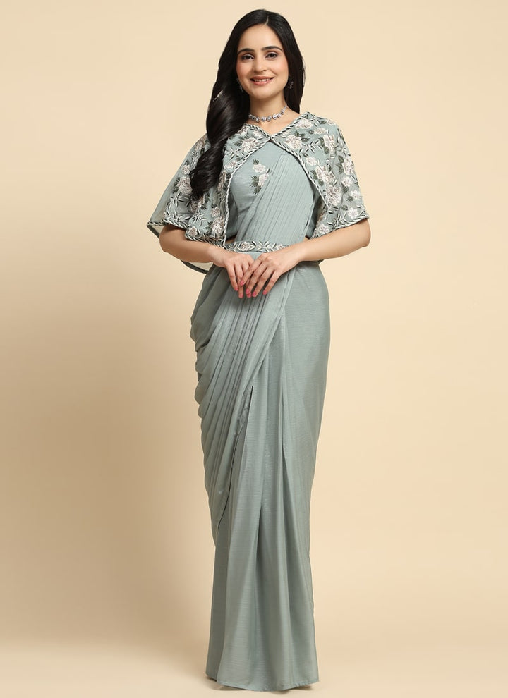 Lassya Fashion Grey Wedding Wear Saree with Embroidered Cape Blouse