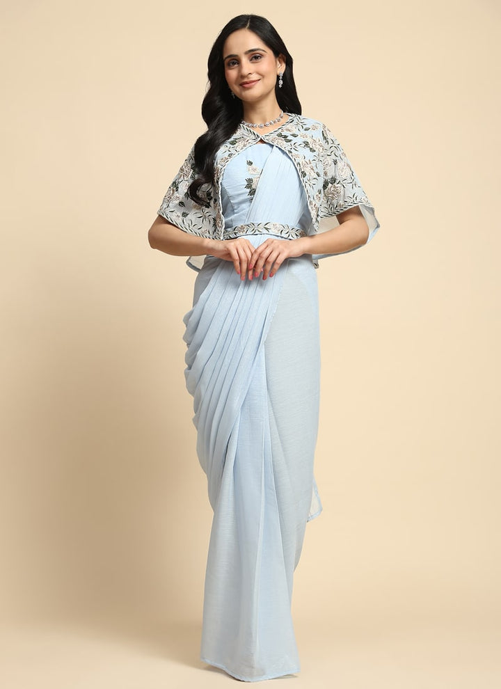 Lassya Fashion Sky Blue Wedding Wear Saree with Embroidered Cape Blouse