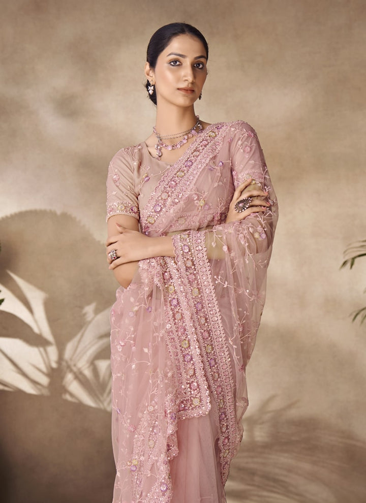 Lassya Fashion Pink Net Saree with Sequin and Zarkan Thread Work