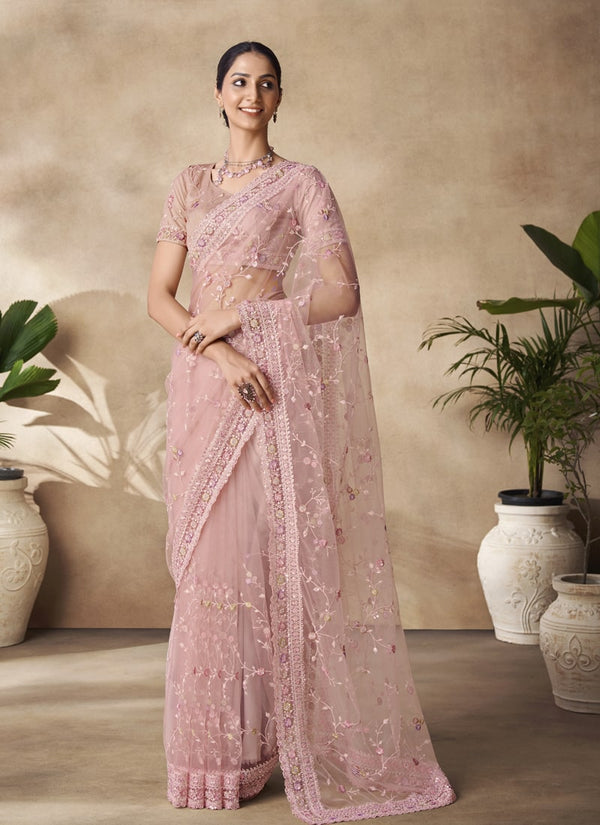 Lassya Fashion Pink Net Saree with Sequin and Zarkan Thread Work