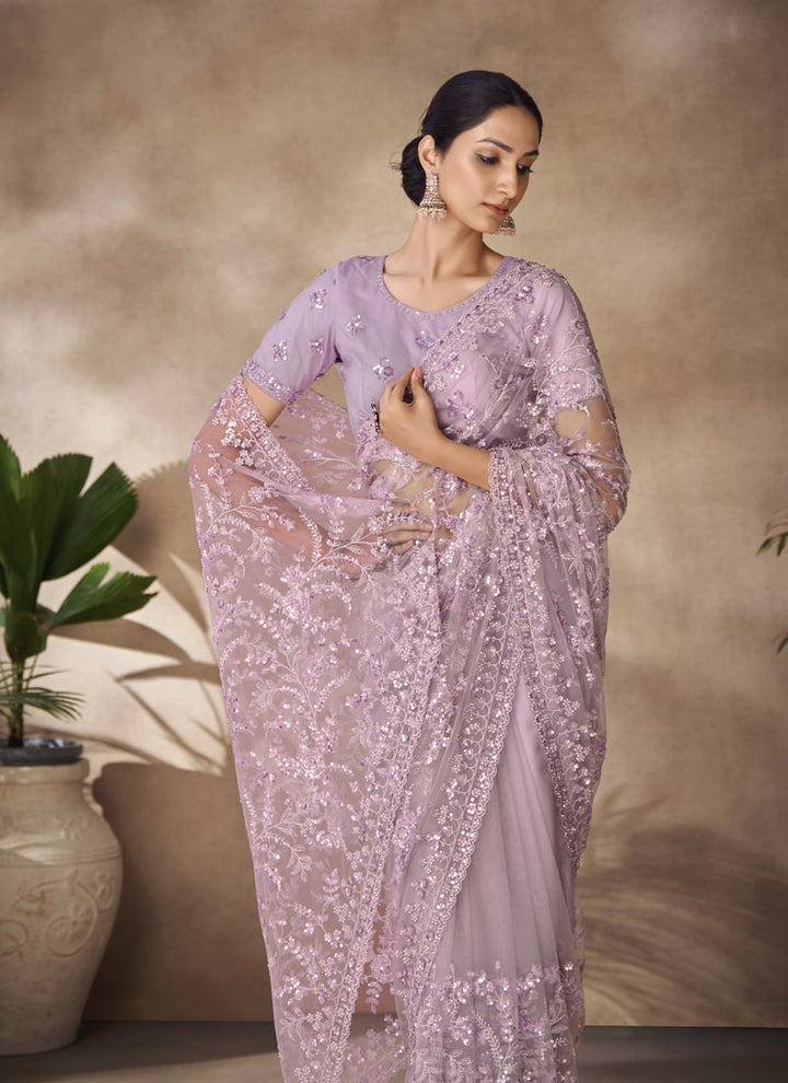 Lassya Fashion Lavender-1 Net Saree with Sequin and Zarkan Thread Work