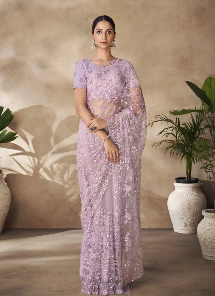 Lassya Fashion Lavender-1 Net Saree with Sequin and Zarkan Thread Work