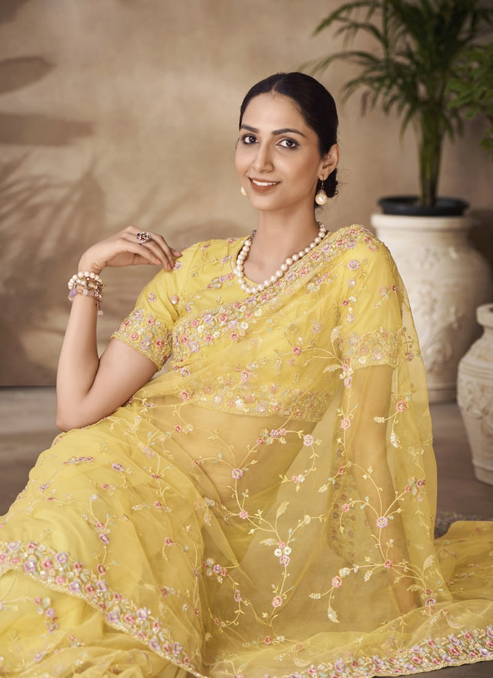 Lassya Fashion Yellow Net Saree with Sequin and Zarkan Thread Work