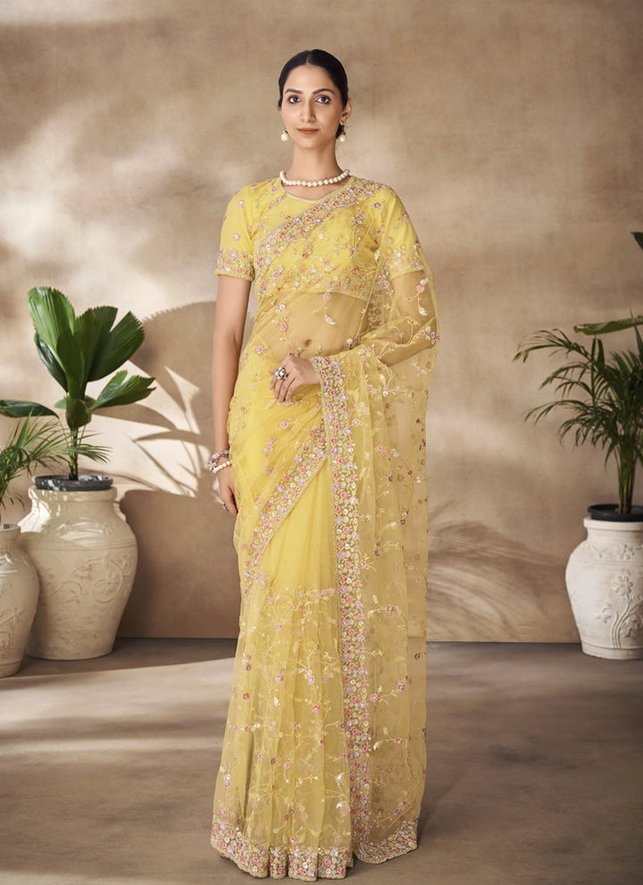 Lassya Fashion Yellow Net Saree with Sequin and Zarkan Thread Work