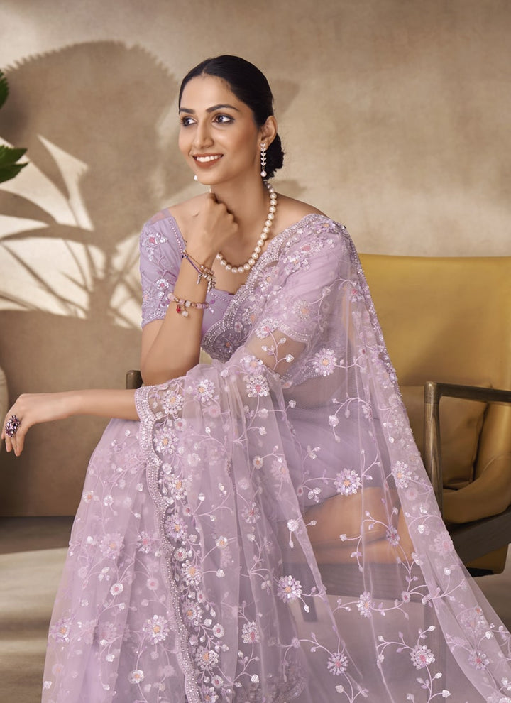 Lassya Fashion Lilac Net Saree with Sequin and Zarkan Thread Work