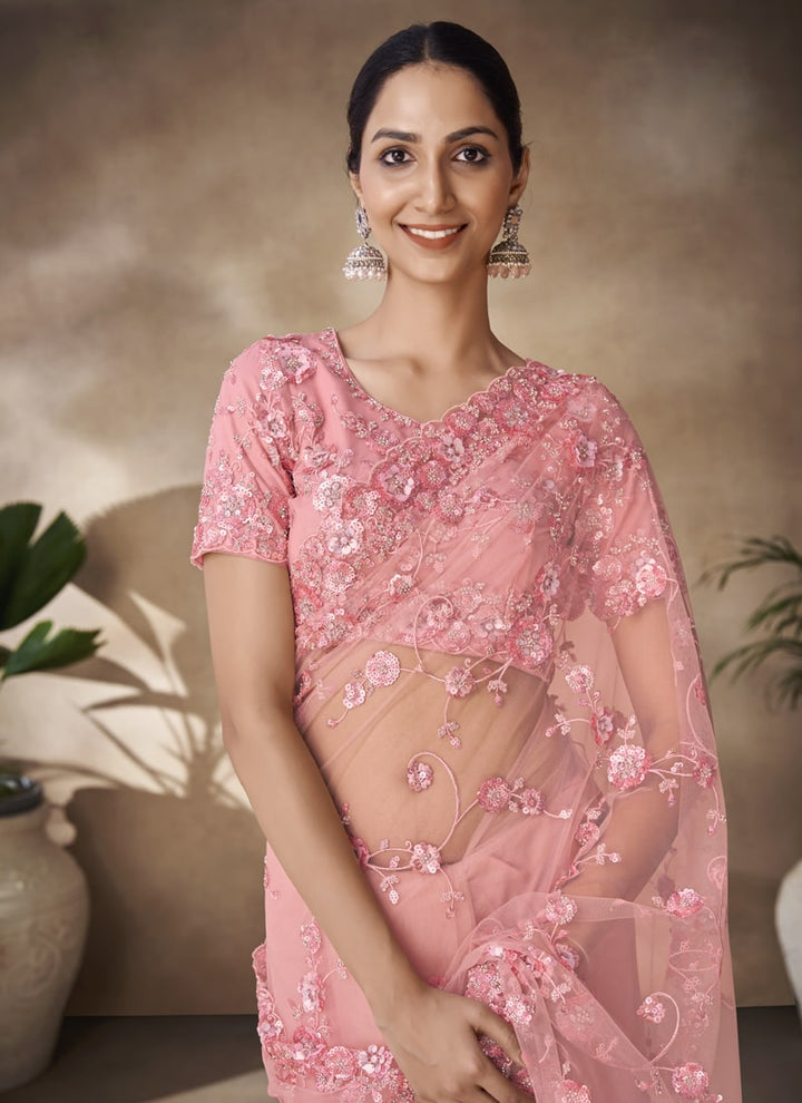 Lassya Fashion Peach Pink Net Saree with Sequin and Zarkan Thread Work