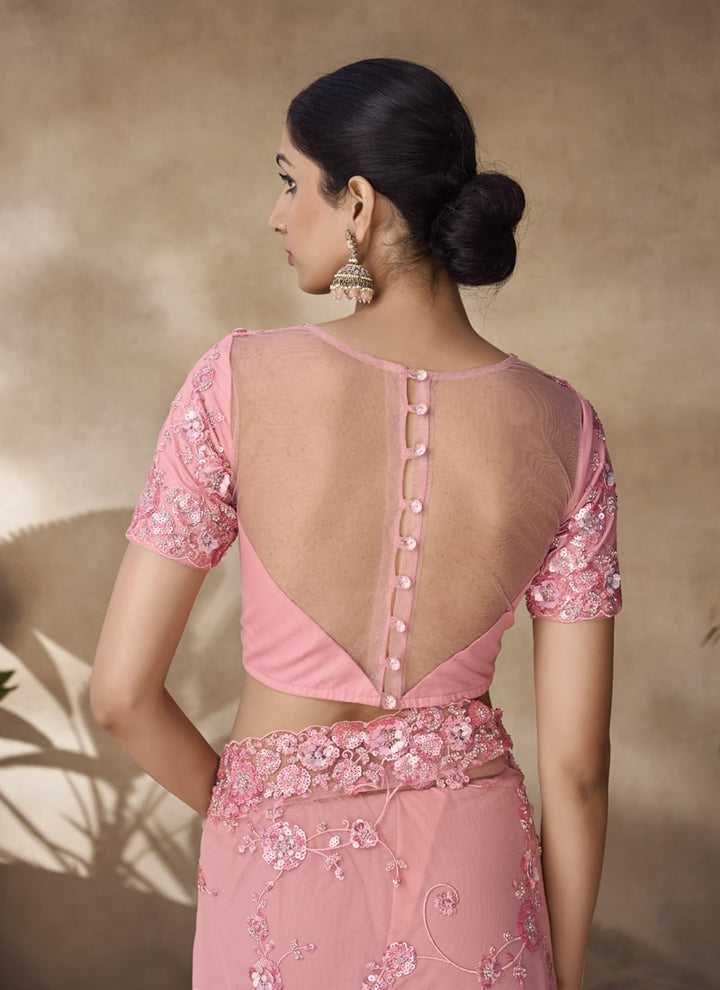 Lassya Fashion Peach Pink Net Saree with Sequin and Zarkan Thread Work