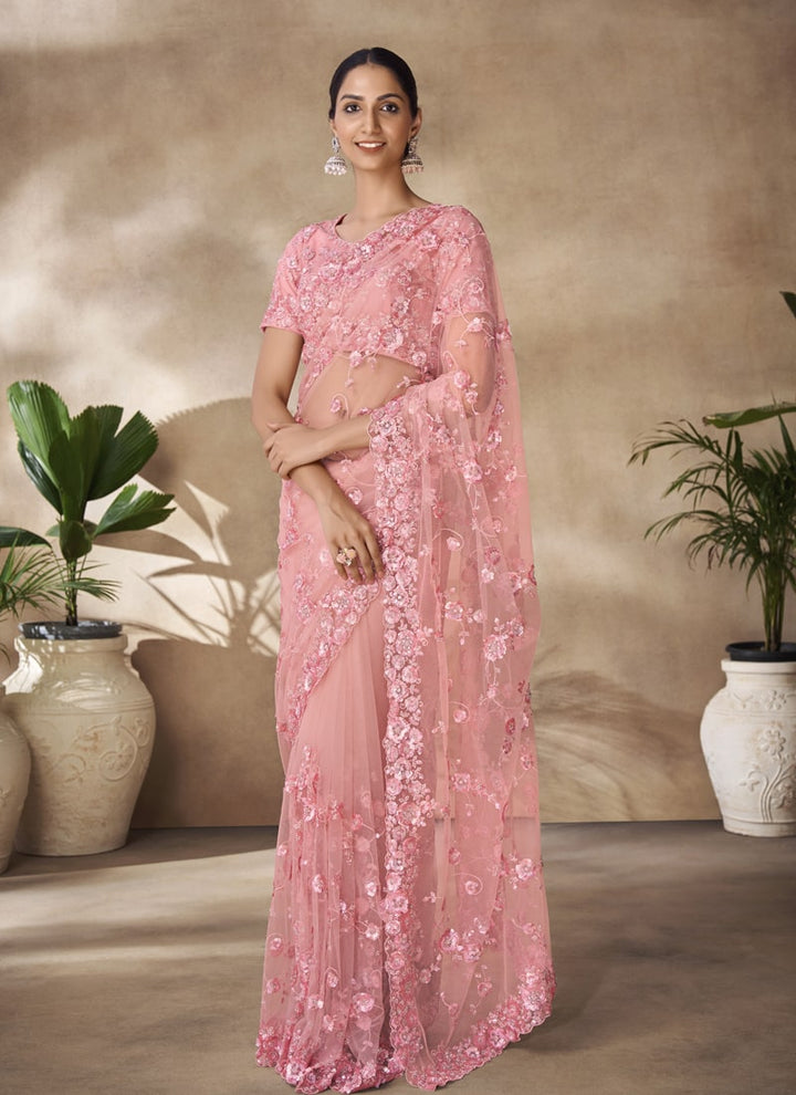 Lassya Fashion Peach Pink Net Saree with Sequin and Zarkan Thread Work