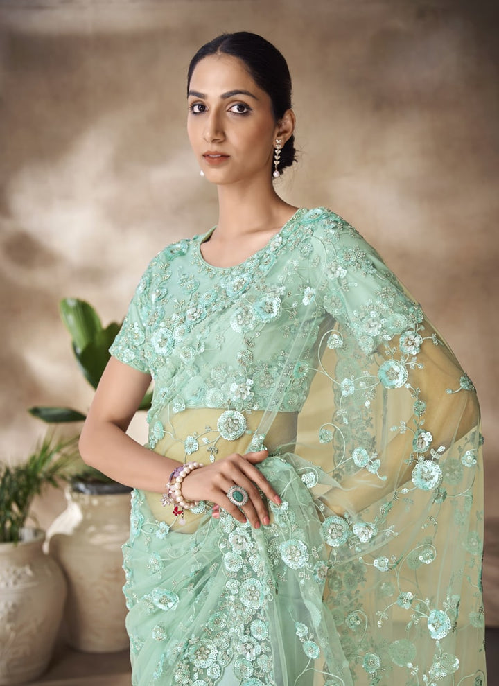 Lassya Fashion Mint Green Net Saree with Sequin and Zarkan Thread Work