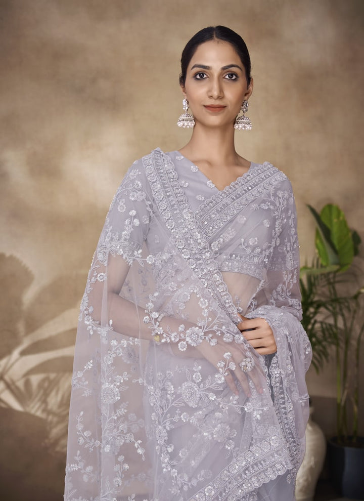 Lassya Fashion Grey Net Saree with Sequin and Zarkan Thread Work