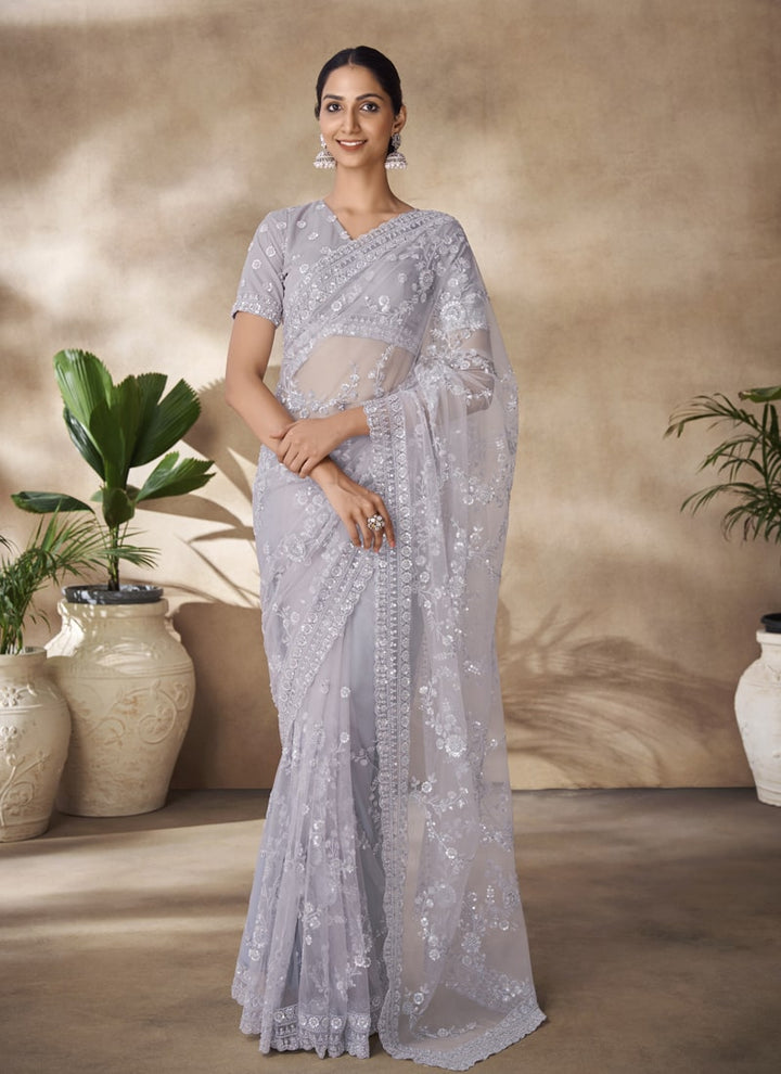 Lassya Fashion Grey Net Saree with Sequin and Zarkan Thread Work