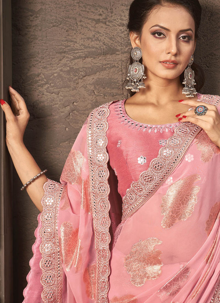 Lassya Fashion Baby Pink Wedding Wear Georgette Zari Jacquard Saree