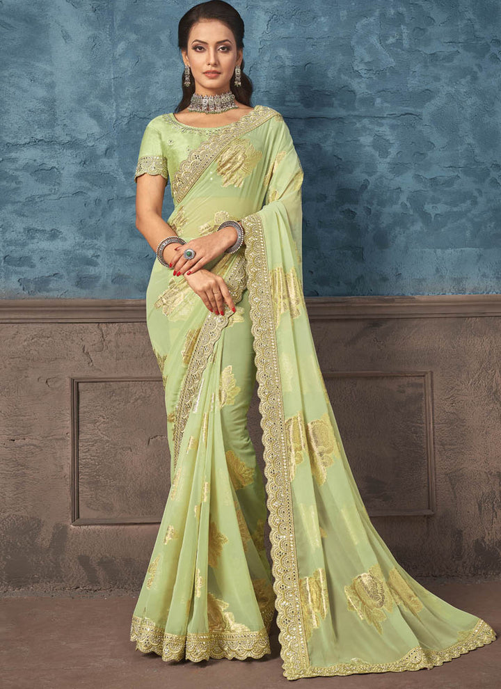 Lassya Fashion Pista green Wedding Wear Georgette Zari Jacquard Saree