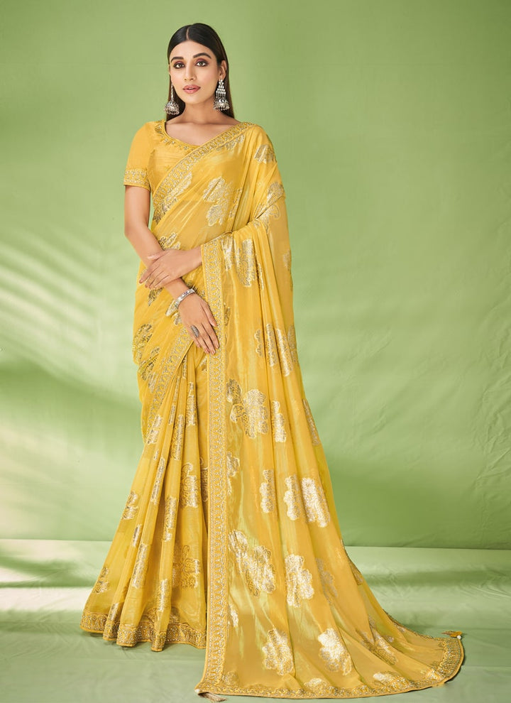 Lassya Fashion Yellow Wedding Wear Georgette Zari Jacquard Saree