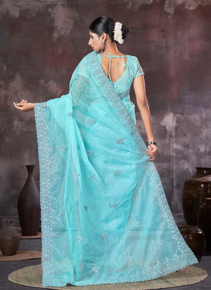 Lassya Fashion Blue Wedding Wear Organza Net Saree