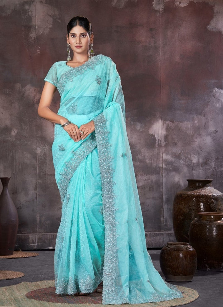 Lassya Fashion Blue Wedding Wear Organza Net Saree