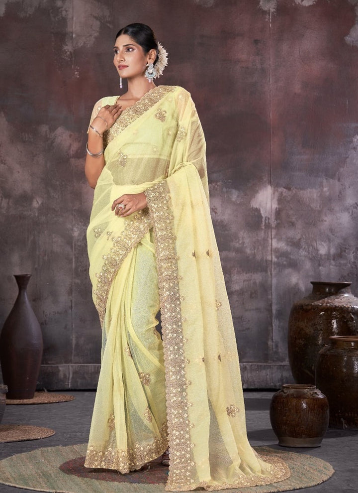 Lassya Fashion Yellow Wedding Wear Organza Net Saree