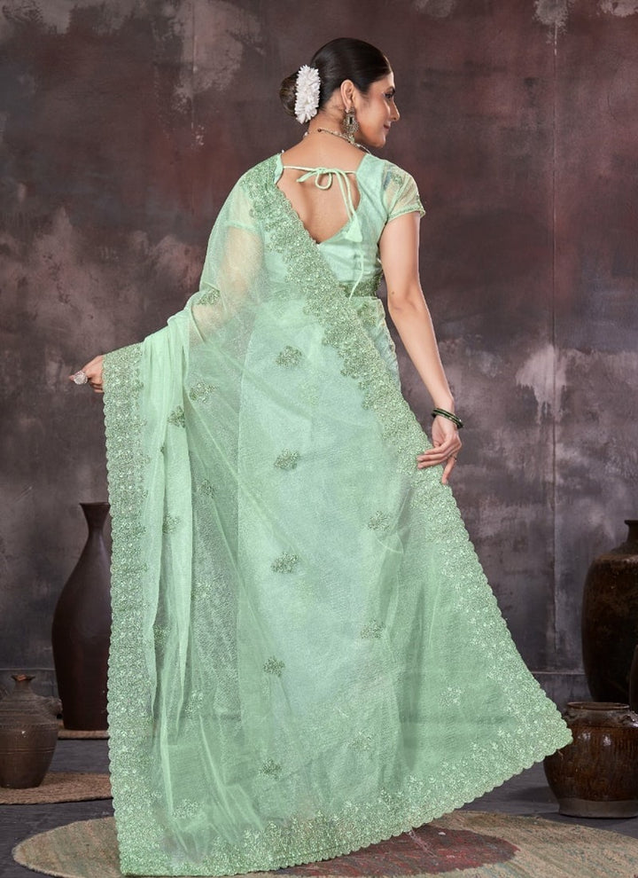 Lassya Fashion Sea green Wedding Wear Organza Net Saree